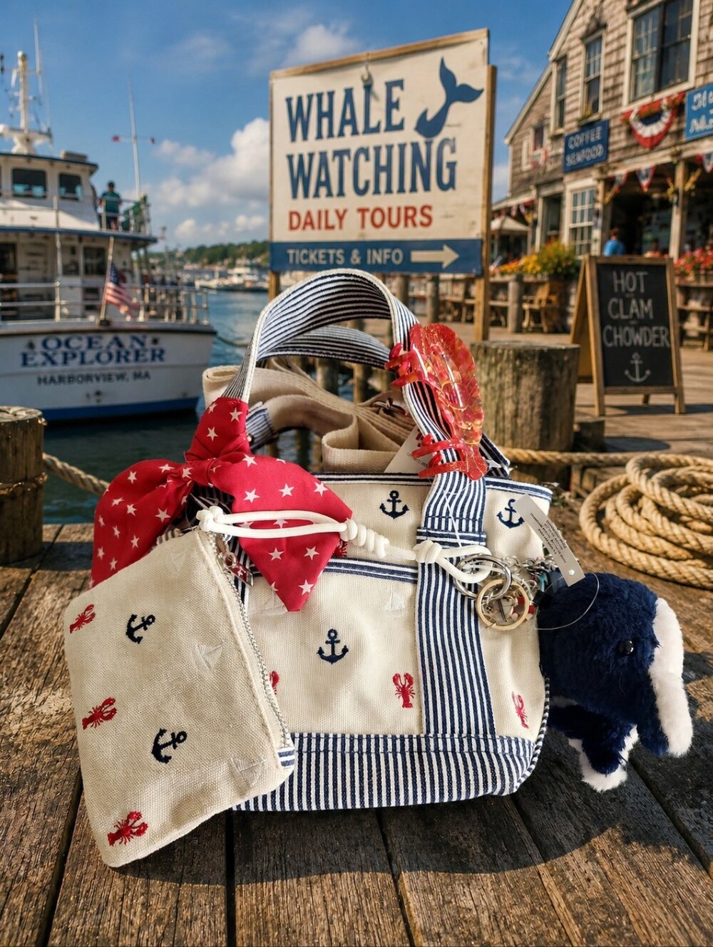 Madden Girl Nautical Whale & Lobster Mini Tote Crossbody Cream, Navy, Red New